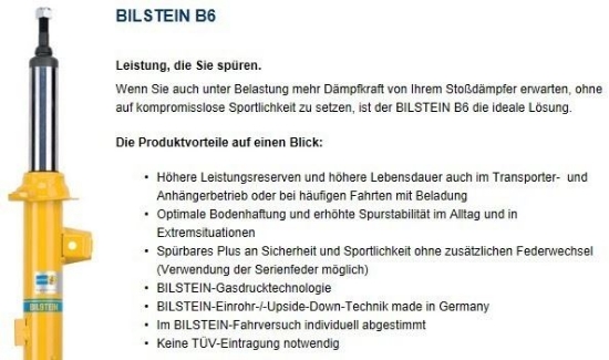Bild von Heck Stossdämpfer Seat /VW, Bilstein B6 ohne Härteverst.+ Reb.