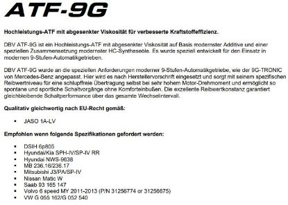 Bild von Automatenoel ATF 9G VW-G055162+ G052540 /Merc. MB236.16+ MB236.17 (Dose-1Lit) *