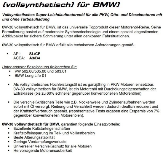 Bild von Motorenoel 00W-30 DBV BMW vollsynthetisch (5-Liter) *