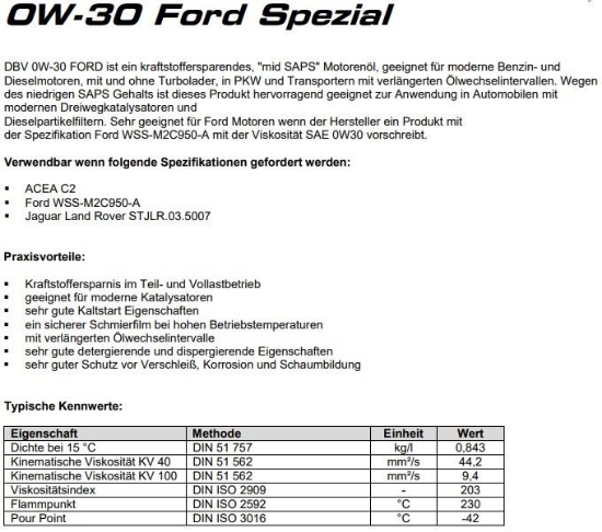 Bild von Motorenoel 00W-30 DBV Ford Spezial (5-Liter) *