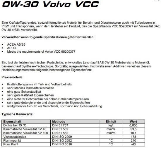 Bild von Motorenoel 00W-30 DBV VOLVO VCC A5/B5 (5-Liter) *