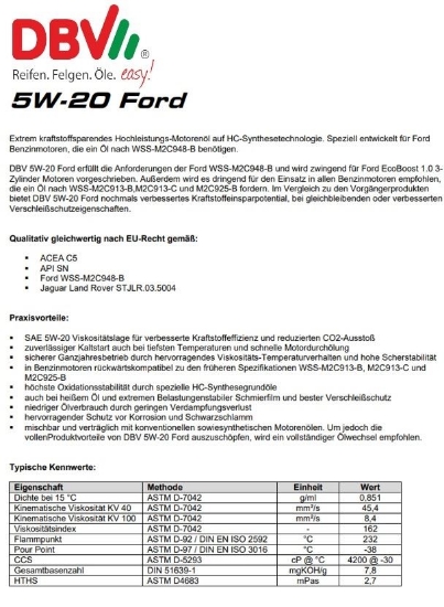 Bild von Motorenoel 05W-20 DBV Teilsynthetisch für Ford (5-Liter) *