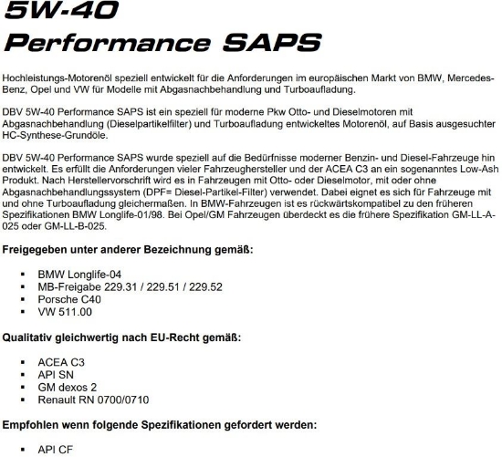 Bild von Motorenoel 05W-40 DBV Performance SAPS (1-Liter) *