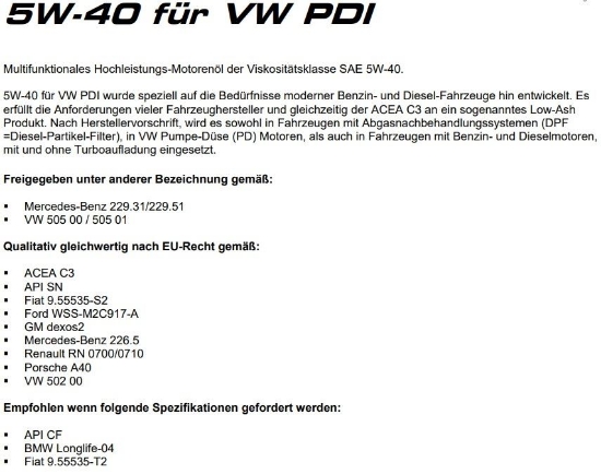 Bild von Motorenoel 05W-40 DBV Synthetisch für VW PDI (Pumpedüse) (1-Liter) *