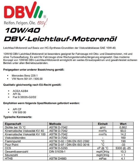Bild von Motorenoel 10W-40 DBV Leichtlauf Motorenoel (Teilsynthetisch) (5-Liter) *